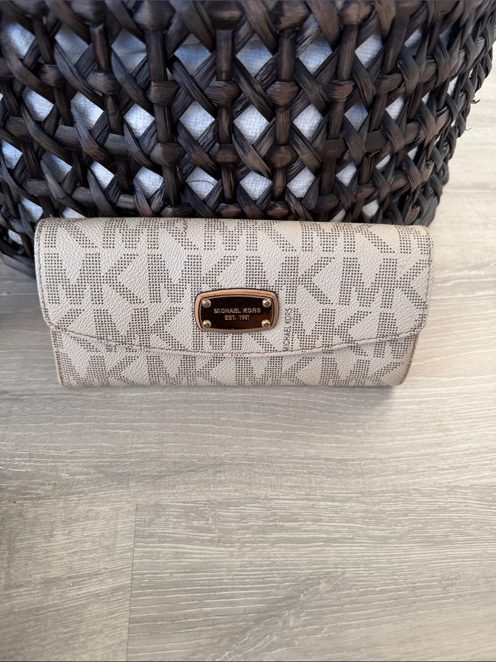 Michael Kors Signature Beige Continental Wallet with Gold Plaque